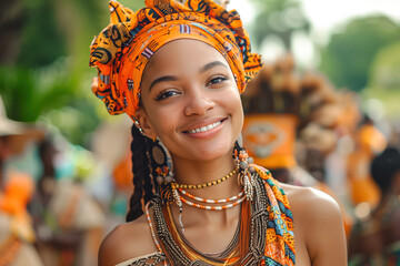 Portrait of a beautiful young woman smiling, adorned in vibrant African clothing and headwrap, conveying cultural pride and joy