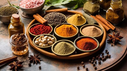 Spices. Photo of fresh herbs. Assortment of fresh and dried seasonings and herbs on a marble background.