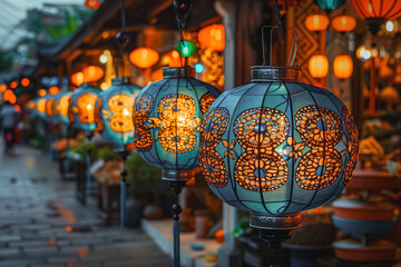 Intricately patterned lanterns casting warm glows against the evening sky in an outdoor market, creating a cozy and inviting atmosphere