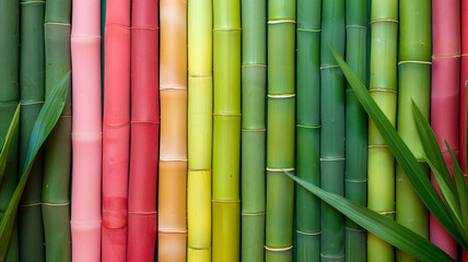 Close up of rainbow colored bamboo wall