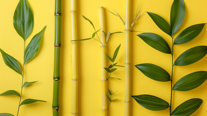 Group of bamboo sticks with green leaves
