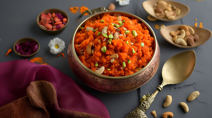 Gajar ka Halwa served in a traditional metal bowl with nuts, styled spoon, on dark background - obrazy, fototapety, plakaty