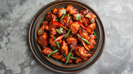 Spicy Indian Style Chilli Chicken Dry in Plate, Top View, Grey Concrete Background
