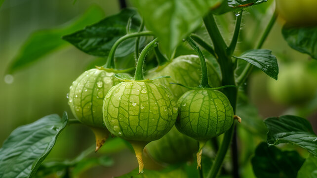 Close up of a plant with growing tomatillo fruit