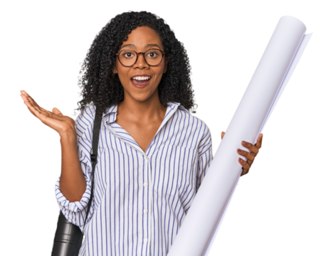 Young African American architect with blueprint surprised and shocked.