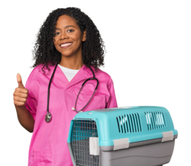 African American vet with pet carrier smiling and raising thumb up