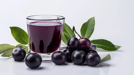 Refreshing Jamun Fruit Juice in Glass, Syzygium with Leaves and Fruits, White Background