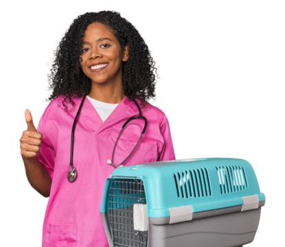 African American vet with pet carrier smiling and raising thumb up