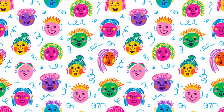 People face, hand drawn funny portraits, modern colorful abstract character in doodle style. Vector seamless pattern
