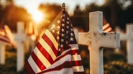 Memorial Day Tribute with American Flag and White Crosses - obrazy, fototapety, plakaty