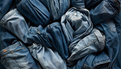 Textured denim landscape showing a top view of assorted crumpled blue jeans piled together Generative AI - obrazy, fototapety, plakaty