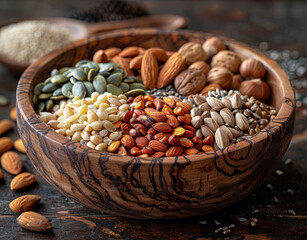Obraz premium Wooden bowl with mixture of nuts and seeds