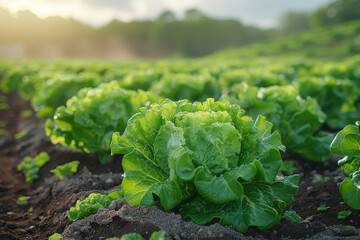 a field where fresh romaine lettuce is growing