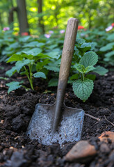 Shovel is stuck in the soil in garden