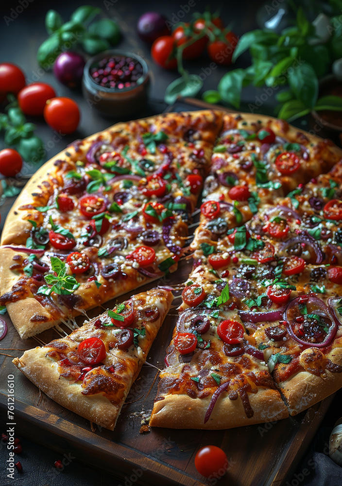 Poster a pizza with a large slice missing from it