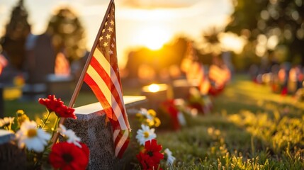 Memorial Day Tribute with American Flags and Flowers at Sunset
