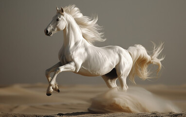 Obraz na płótnie Canvas White arabian horse rearing up on the sand