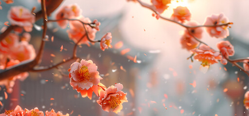 A branch of a cherry blossom in close-up. Springtime background for banner, greeting card, invitation, Women's Day, Mother day, Valentine's Day, wedding. Composition with copy space.