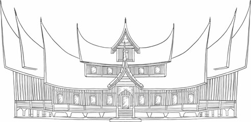 vector line art rumah gadang traditional house of west sumatra Indonesia, Indonesian traditional landmark
