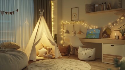 A child-friendly home office, safe play area with a teepee tent, soft plush toys, and an interactive wall-mounted game.