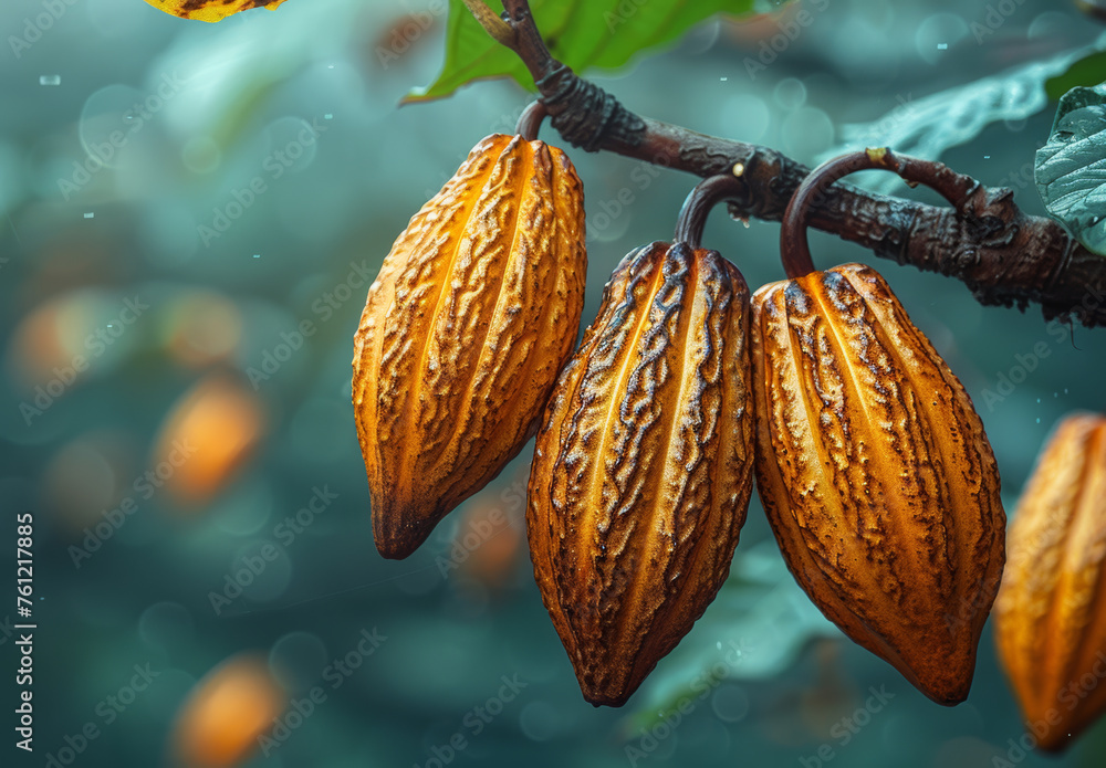 Poster cocoa fruits hanging on tree this is the seeds of the cocoa tree