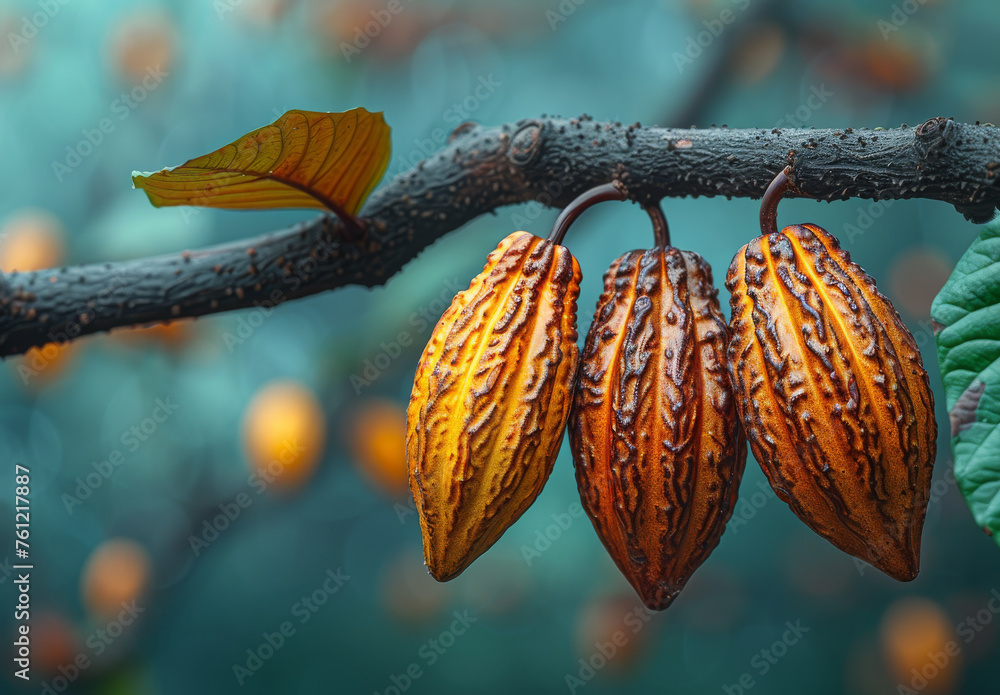 Poster cocoa fruits hanging on tree this is the seeds of cocoa