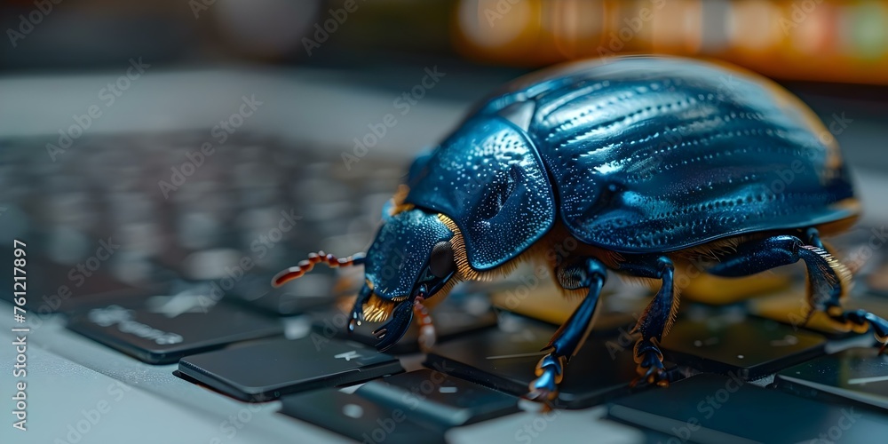 Poster a closeup of a bug on a laptop emphasizing cybersecurity awareness. concept closeup bug on laptop, c