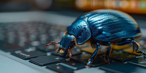 A closeup of a bug on a laptop emphasizing cybersecurity awareness. Concept Closeup Bug on Laptop, Cybersecurity Awareness