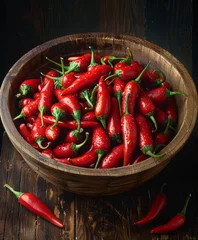 Fotobehang Red hot chili peppers in wooden bowl on dark rustic background © Анна Терелюк