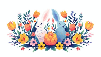 Easter rabbit eggs holiday flowers flat vector  - obrazy, fototapety, plakaty