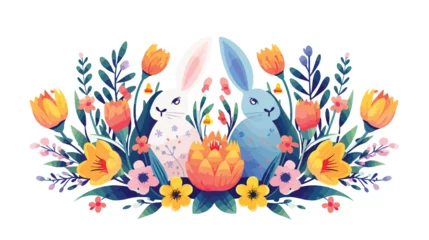 Tuinposter Easter rabbit eggs holiday flowers flat vector  © Noman