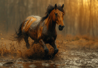 Beautiful strong horse runs across the water in the forest.