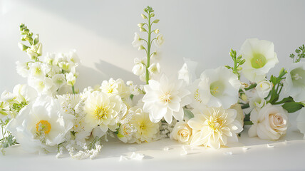 A white flower arrangement with a few yellow flowers in the middle. The flowers are arranged in a way that they are not overlapping each other. The arrangement is simple and elegant