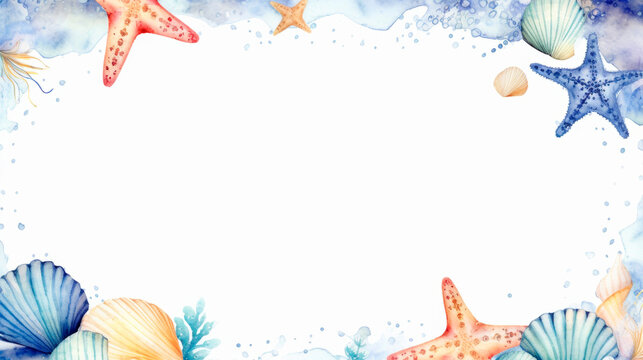 Seashells and starfish delicately painted in vibrant watercolors, capturing the intricate details and beauty of these ocean treasures on paper. Nautical-themed frame. Banner. Copy space