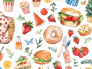 Charming picnic stickers in watercolor sunny days