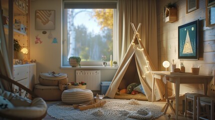 A child-friendly home office, safe play area with a teepee tent, soft plush toys, and an interactive wall-mounted game.