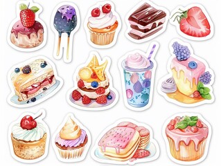 Hand-drawn cute dessert stickers in watercolor sugary pastel sweetness