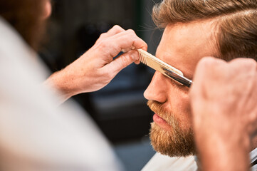 Isolated photo of confident customer on appointment in barbershop. Professional hairdresser using comb and scissors to shape eyebrows. Bearded man getting his brows done.