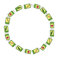 Vector round frame from outline green paper bags with seeds vegetables. Bright border, decoration on topic of gardening, farming, agriculture