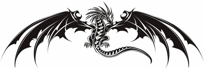 Obraz premium Dragon Tattoo Isolated, tribal wyvern silhouette, Black White Dragon, Abstract Generative AI Illustration