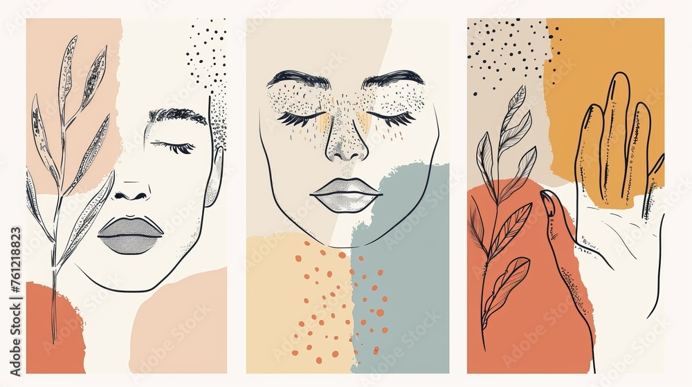 Poster modern and flat illustration with scribble lines and textures of abstract faces and shapes.