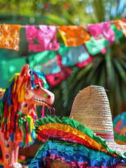 Obraz premium A festive setup with a decorated sombrero pinata and traditional Mexican crafts.