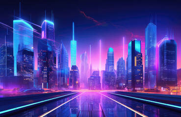 Fototapeta na wymiar Neon Night City, Blue Synth Wave City-Line, Solid Violet Gradient Background, Copy Space, Banner