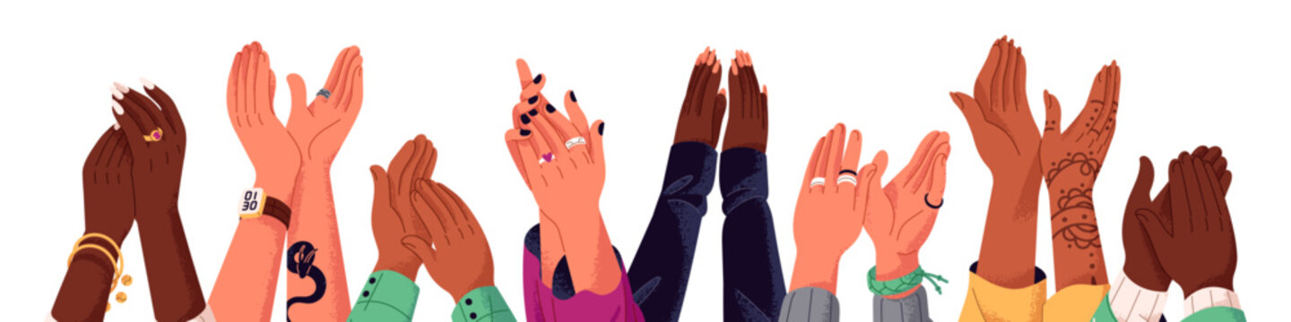 People clapping, applauding banner. Hands with jewelleries, tattoo applause, celebrate success. Spectators greeting, show support, cheers. Flat isolated vector illustration on white background