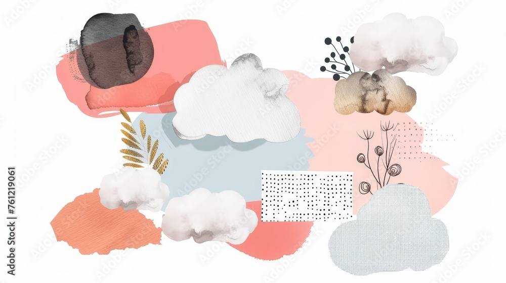 Poster white clouds with halftone texture set. cute and kawaii elements collection on transparent backgroun