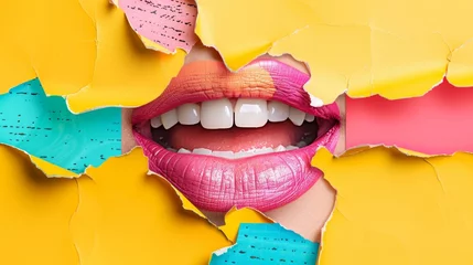 Foto op Plexiglas On a yellow background, halftone lips in a beautiful smile are outlined in a dot pattern. Modern trendy illustration in a pop-art style. © Mark
