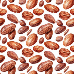 Watercolor Cocoa Beans Seamless Pattern, Aquarelle Cacao Bean, Watercolor Tropical Fruit Beans Tile