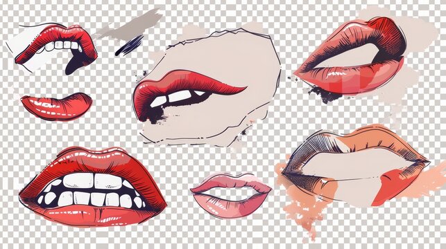 A set of trendy contemporary Speech Bubbles with collage-cut red lips from a magazine. Retro elements for the design. Scream of a woman in modern form.