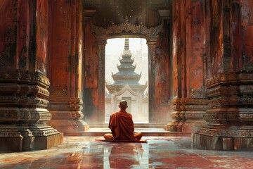 A Meditating Buddhist Monk in a Large Hall Inside the Temple, the Serene and Concentrated Meditation Energy