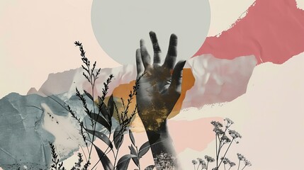 This modern illustration features a collage hand with halftone effect. The hand holds a hand-in-hand c gesture and is high fived. - obrazy, fototapety, plakaty